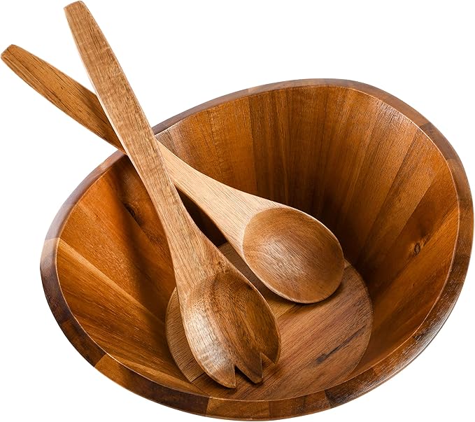 Gibson Home Sherwood 3-Piece Acacia Wood Salad Bowl Set, 32 Quart Large Serving Bowls, Natural Finish, Durable & Eco-Friendly