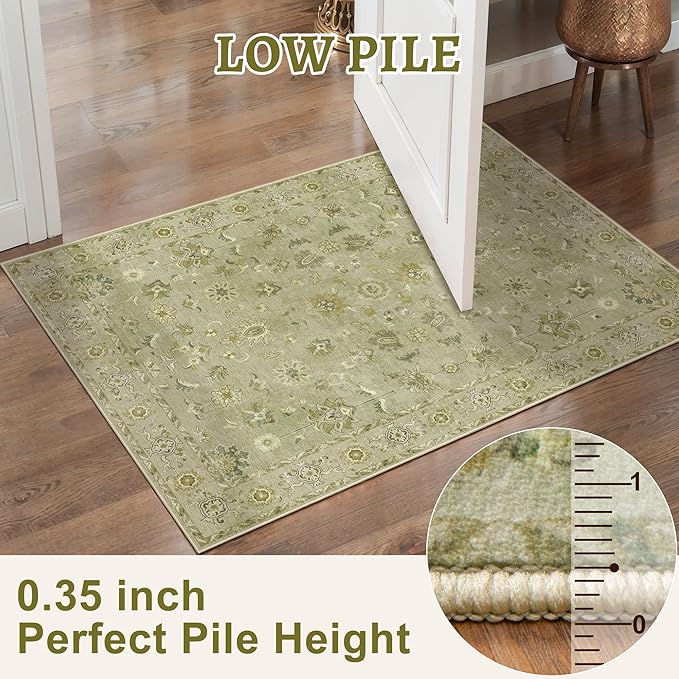 Tangsoo 4x6 Area Rug for Living Room, Washable Floral Vintage Rugs Indoor, Distressed Flaxen Green Carpet for Bedroom, Non Slip Dining Room, Soft Low Pile Rugs Foldable Floor Rug for Dorm Bedside