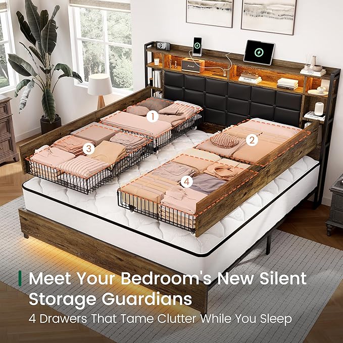 Queen Size Bed Frame with 4 Storage Drawers and Bookcase Headboard, Faux Leather Upholstered, Wooden Platform Bed Frame with Charging Station and LED Lights, No Box Spring Needed, Brown