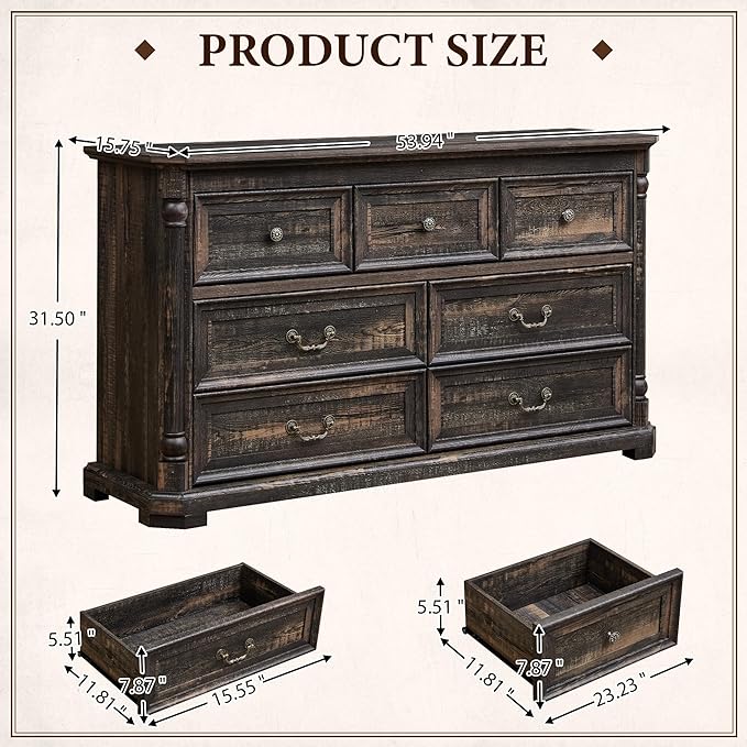 Yechen Rustic 7-Drawer Solid Wood Dresser for Bedroom & Living Room – Vintage Storage Cabinet with Decorative Hardware, Sturdy Construction & Versatile Organizing Solutions (Dark Rustic Oak)