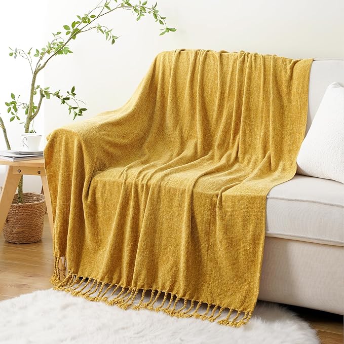 BATTILO HOME Mustard Yellow Throw Blanket for Couch Bed Sofa, Yellow Gold Chenille Throw for Spring Summer, Lightweight Knit Blanket for Home Decor, 50"x60"