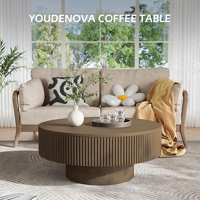 31.5” Round Fluted Coffee Table, Modern Wood Circle Coffee Table, Veneer Handcrafted Relief Tea Table with Sturdy Pedestal for Living Room - Brown