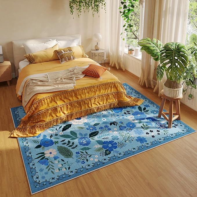 Living Room Rug 6x9 Rug Machine Washable Boho Area Rug Non Slip Floral Vintage Low Pile Large Rug for Living Room, Bedroom, Farmhouse, Dining Room, Kids Playroom(Blue)