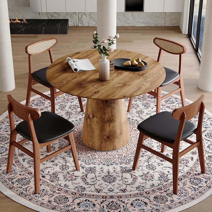 45 Inch Round Dining Table Set for 4, 5 Piece Kitchen Table and Chairs Set, Wooden Table with Light Walnut Finish, Small Space Dining Set for Apartment or Dining Room