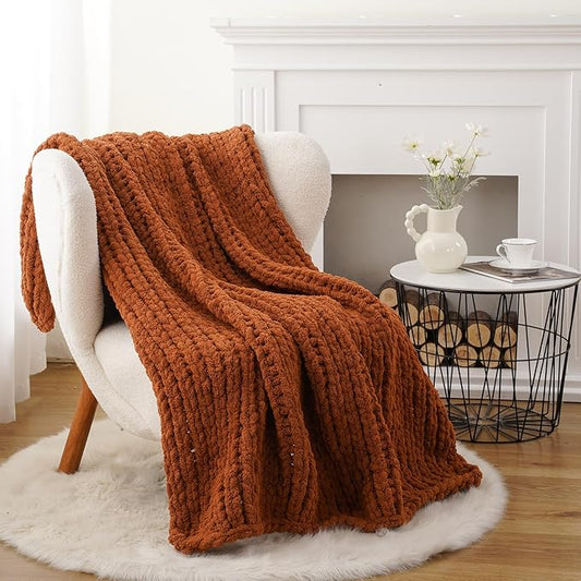 Battilo Chunky Knit Throw Blanket, Soft and Thick Chenille Throw Blanket, 50"x60" Handmade Cable Knit Crochet Blanket, Large Rope Knot Throw Blankets for Couch Sofa Bed Home Decor, Caramel