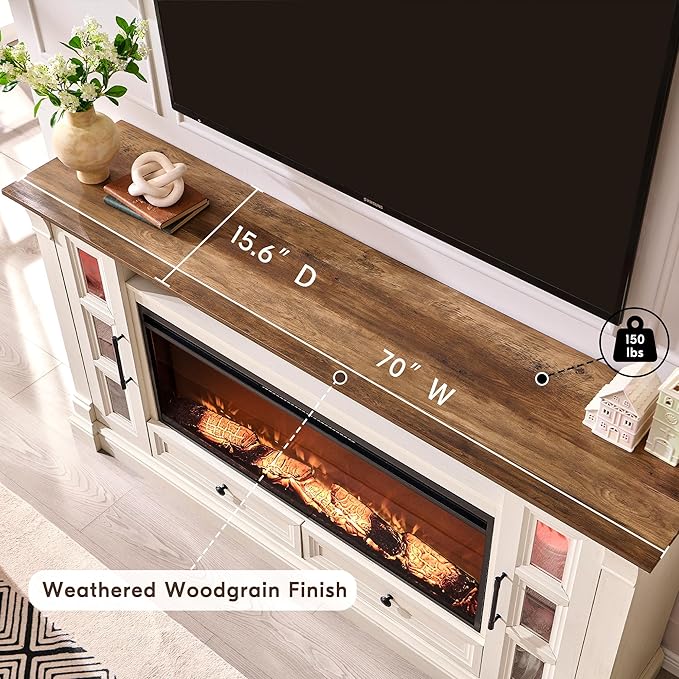 OKD Fireplace TV Stand for up-to-80 TV, Farmhouse 36" Tall Entertainment Center with 42" Electric Fireplace, Media Console with Glass Door Cabinets & Drawers for Living Room, Antique White