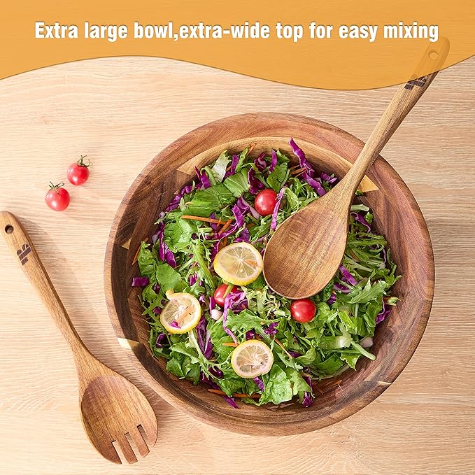 Wooden Salad Bowls with Serving Utensils, Large 12.5" Acacia Wooden Bowls for Food, Perfect as Fruit Bowl, Serving Bowls, Mixing Bowls, Handmade, Durable and Stylish Natural Wood Dinning Accessory
