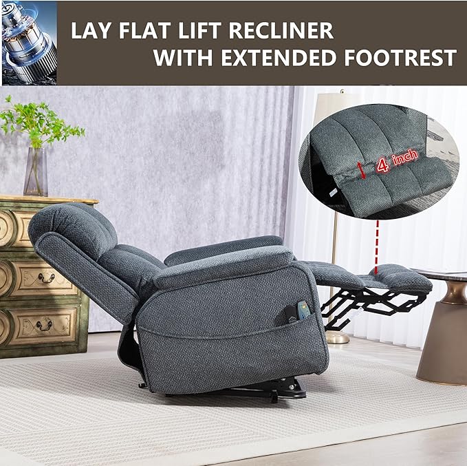 Power Lift Recliner Chairs for Elderly Big Man 400lbs, Oversized Lay Flat Recliner with Heat & Massage, Extended Footrest and Side Storage Cup Holder for Adults Seniors
