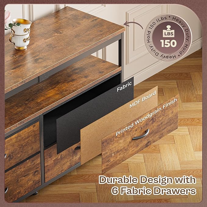 Huuger 63 Inch TV Stand for 55, 65, 70 Inch TV, Long Dresser TV Stand for Bedroom, LED TV Stand with Power Outlets, Rustic Fabric Drawer Dresser with Storage, Entertainment Center for Living Room