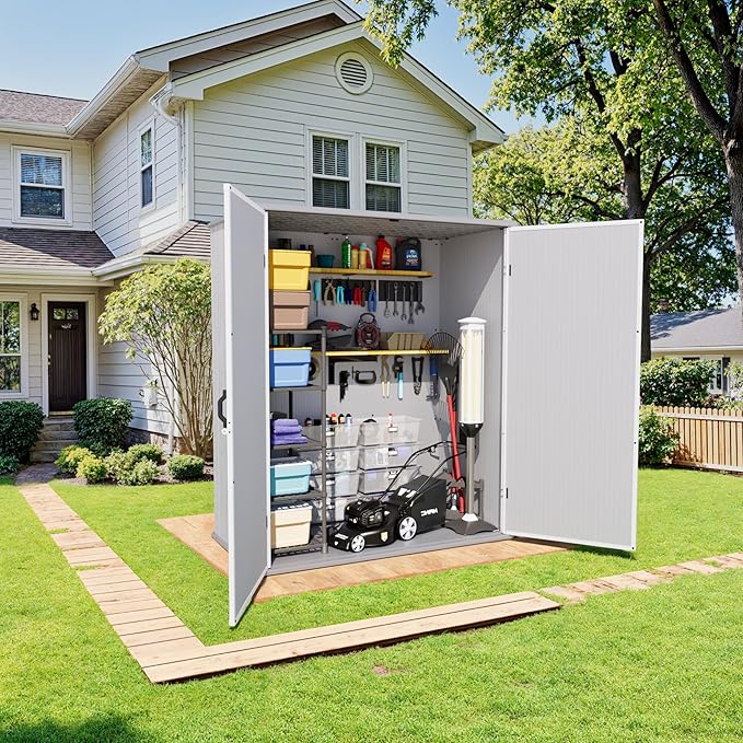 Greesum 5×3FT Plastic Outdoor Storage Shed with Floor, Resin Storaged Sheds with Lockable Door, Window & Vent, All-Weather Tool Sheds for Garden, Backyard, Patio, Light Gray (4.7×2.5FT)