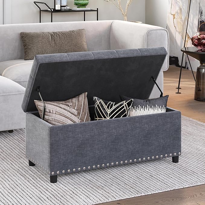 BELLEZE 35" Tufted Ottoman, Storage Bench with Safety Close Hinge, Ottoman with Storage for Living Room, Entryway, Hallway, Foot Rest, Support 300lbs - Grey