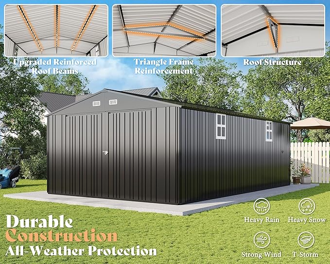AMERLIFE 10x21x7.3 FT Outdoor Metal Garage Shed, Extra Large Storage Shed with Double Hinged Doors, 4 Windows, Carport for Car, Midsize SUV and Lawn Equipment, Dark Gray