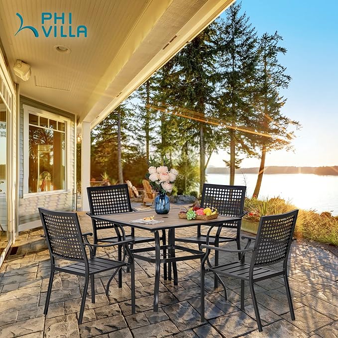 PHI VILLA Outdoor Conversation Set of 5 Piece Patio Furniture Dining Set for 4 Metal Chair Dining Table Set Modern Patio Wood-Like Table with Umbrella Hole for Outdoor Garden,Patio,Yard,Bistro