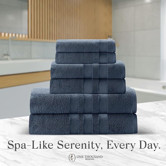 Zero Twist Bathroom Towel Set - Luxury Bath Towel Sets for Bathroom, Hands, and Washcloths - Quick Dry and Absorbent - 6 Pieces, 3 Stripe, Midnight