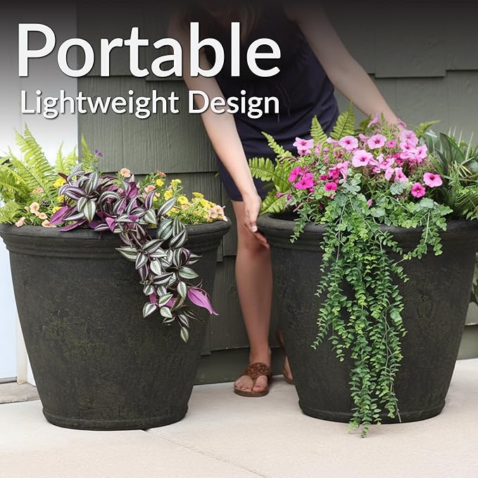 Sunnydaze 24-Inch Anjelica Large Plastic Pot for Plants - Double-Walled Outdoor Polyresin Round Planter Porch Pot with Drillable Drainage Holes - Sable