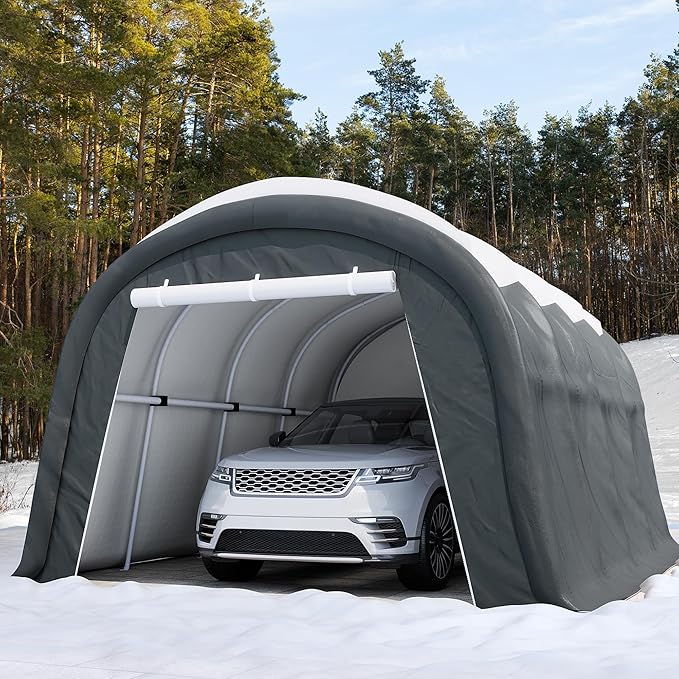SUNBURY Carport, Round Portable Garage, Outdoor 13x20 ft Heavy Duty Carport, Tensioner and 2 Roll Up Doors Waterproof PE Fabric Car Port, Garage, Storage Shed, Tent for Storage, SUV, Grey
