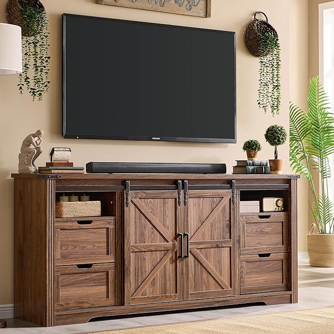 JXQTLINGMU Farmhouse TV Stand for 75+ Inch TV, 32" Tall Entertainment Center w/4 Drawers & Sliding Barn Door, Rustic Media Console w/Storage Shelves, 66" Wood Television Stand for Living Room, Brown