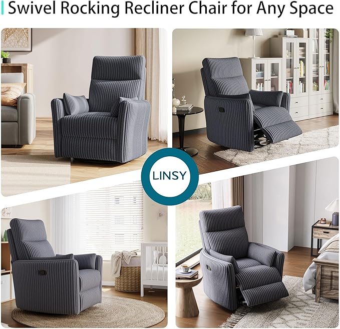 LINSY 360 Swivel Recliner Chair: Corduroy Rocking Chair Nursery Glider Chairs with 2 Pillows Comfy High Back Adult Recliner for Small Spaces, Living Room Bedroom Nursery Reclining Chairs, Dark Grey