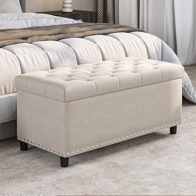 BELLEZE 35" Tufted Ottoman, Storage Bench with Safety Close Hinge, Ottoman with Storage for Living Room, Entryway, Hallway, Foot Rest, Support 300lbs - Beige