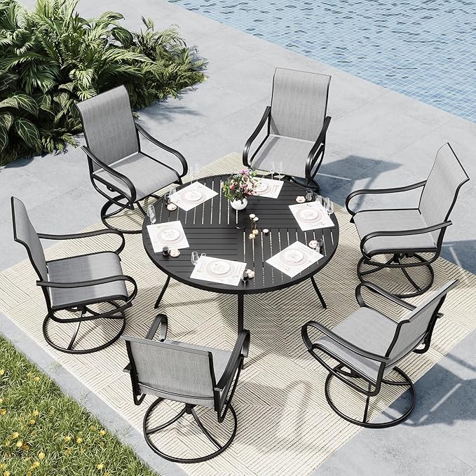 MFSTUDIO Patio Table and Chairs Set of 6, Round Outdoor Dining Set with Umbrella Hole, 7 Piece Patio Dining Set for Deck, Backyard, Poolside & Garden