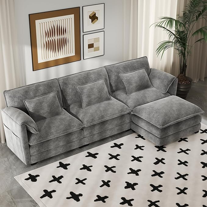 Real Relax 111'' Modular Sectional Sofa, L Shaped Chenille Convertible Couch with Movable Ottoman, 6 Pillows and 2 Armrest Pillows for Living Room, Office and Leisure Places, Dark Gray