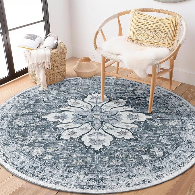 Area Rugs 4ft Washable Non-Slip, Floral Vintage Distress Print Pattern Medallion Carpet for Living Room Bedroom Dining Room, Light Gray Grey White