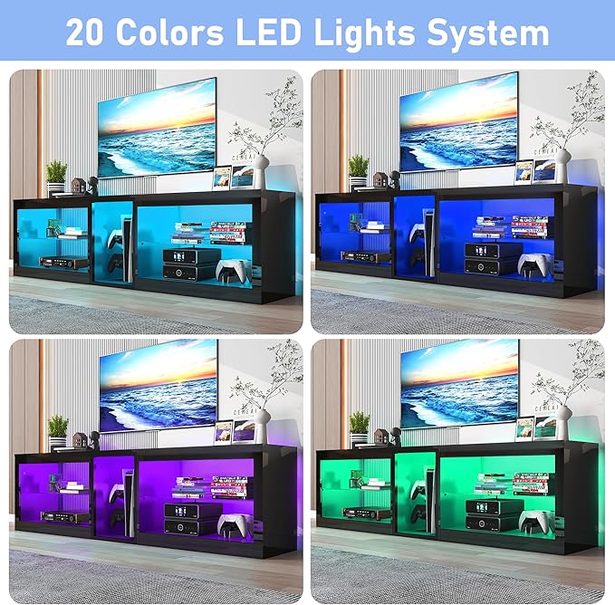 Vinctik 6&Fox 71inch Large High Gloss LED TV Stands w/Power Outlet,60,000-Colors Lighting for 70 75 80inch TV,Modern Black LED Entertainment Center w/Adjustable Glass Shelves for Living Room Gameroom