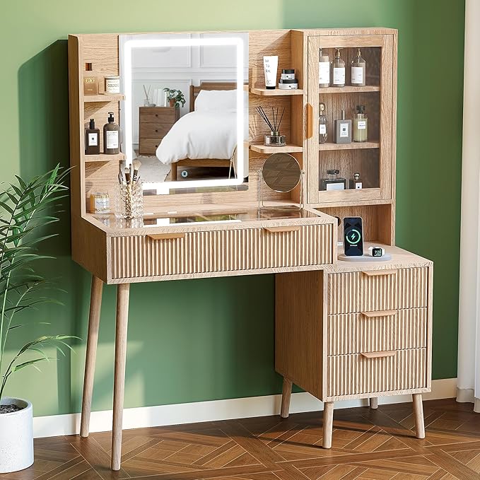 Fluted Vanity Desk with Mirror and Lights, 5 Drawers Glass Top Makeup Vanity with 10 Storage and 9-Grid Organizer, 3 Color Clear Glass Door Dressing Table with Charging Station, Natural Oak