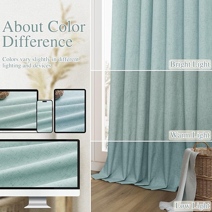 Guken 100% Blackout Linen Curtains 108 Inch Length 2 Panels Set for Living Room Bedroom Back Tab Thermal Insulated Black Out Linen Drapes Room Darkening Window Curtains,Light Blue