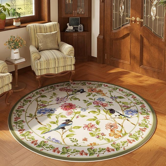 Round Rug 4ft Washable Circle Rug Non Slip Low Pile Floral Bird Magpies Animal Small Circular Rug for Bedroom, Bathroom, Entryway, Kids Room, Office, College Dorm (White)