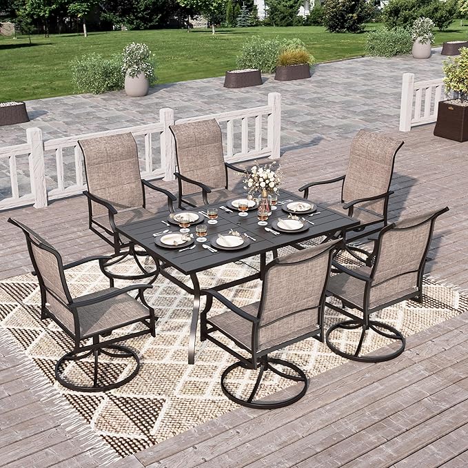 HERA'S HOUSE Outdoor Patio Dining Set of 7, 7 Piece Outdoor Table and Chairs Set of 1 Large Rectangular Patio Table and 6 Quick Dry Textilene Swivel High Back Rocking Chairs for Lawn, Park, and Garden