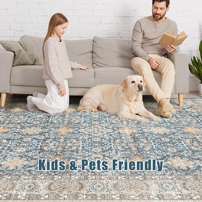 Area Rugs for Living Room: 8x10 Washable Rug Vintage Boho Floral Print - Ultra Thin Stain Resistant Large Soft Non Slip Foldable Carpets for Bedroom Dining Room Office Nursery - Blue