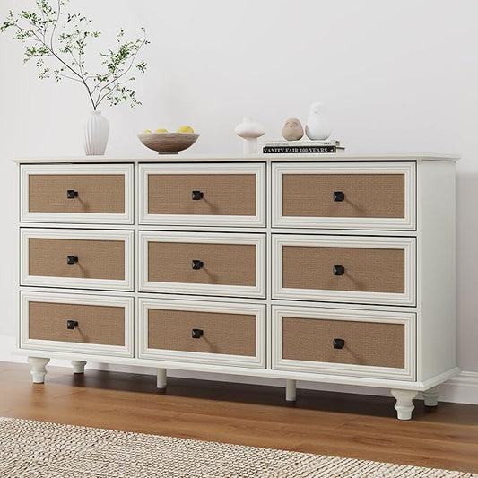 9 Drawer Dresser for Bedroom, Mid Century Modern Wide Wood Rustic Chest of Drawers Wooden Storage Organizer Dressers with Burlap Rattan Drawers for Living Room, Hallway Closet, Entryway, Beige White