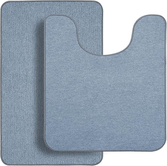 Bathroom Rugs Set 2 Pieces,Thin Bathroom Mats,Toilet Rugs,Quick Dry,Non-Slip,Machine Washable,Low Pile,Absorbent Bath Mats,Shower,Sink,Home Decor Accessories.Blue,1'5"x2'3"+1'8"x2" U Shape