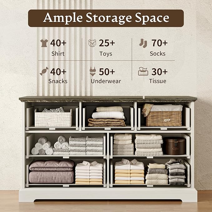 Farmhouse 7 Drawers Dresser for Bedroom, 48" Wide Modern Chest of Drawers with Deep Drawers & Bar Handles, Rustic Wood Dresser TV Stand, Wooden Closet Storage Organizer for Living Room, Hallway, White