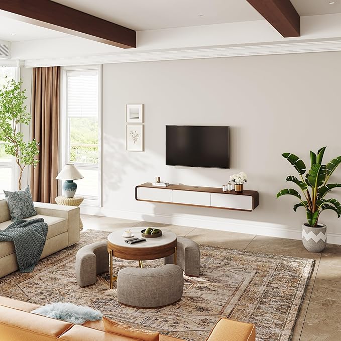 POVISON Fully Assembled Floating TV Stand with Flip-Down Cabinet Doors, 63" Walnut and White Floating Media Console, Solid Wood Floating Entertainment Center, Minimalist TV Stand