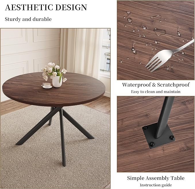 45.3'' Walnut Round Dining Table Set for 4, Mid Century Modern Small Coffee Set for Dining Room Kitchen Apartment (Walnut Table + 4 White Chairs)