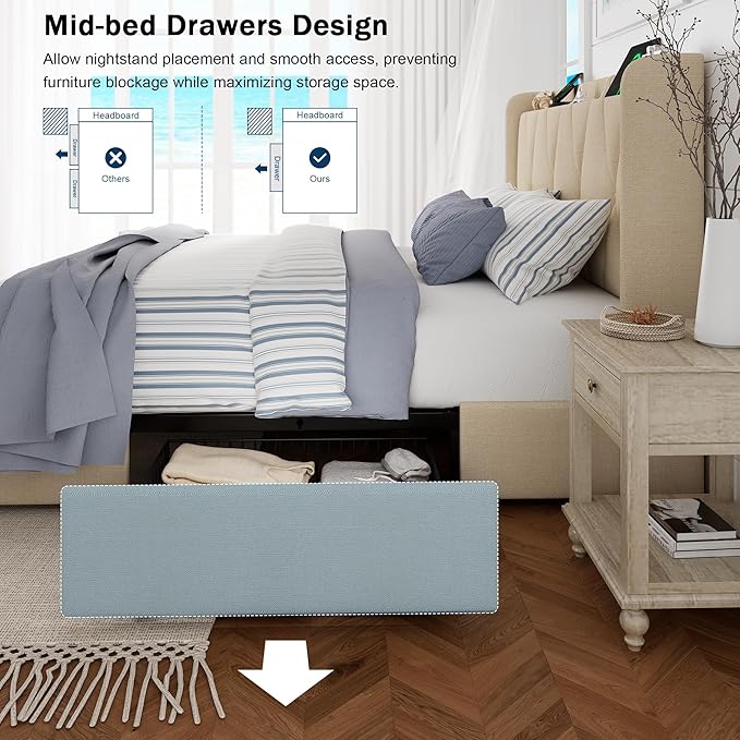 King Size Bed Frame with 4 Storage Drawers, Upholstered Platform Bed with Charging Station, Modern Wingback Storage Headboard, Easy Assembly,Noise-Free, Beige