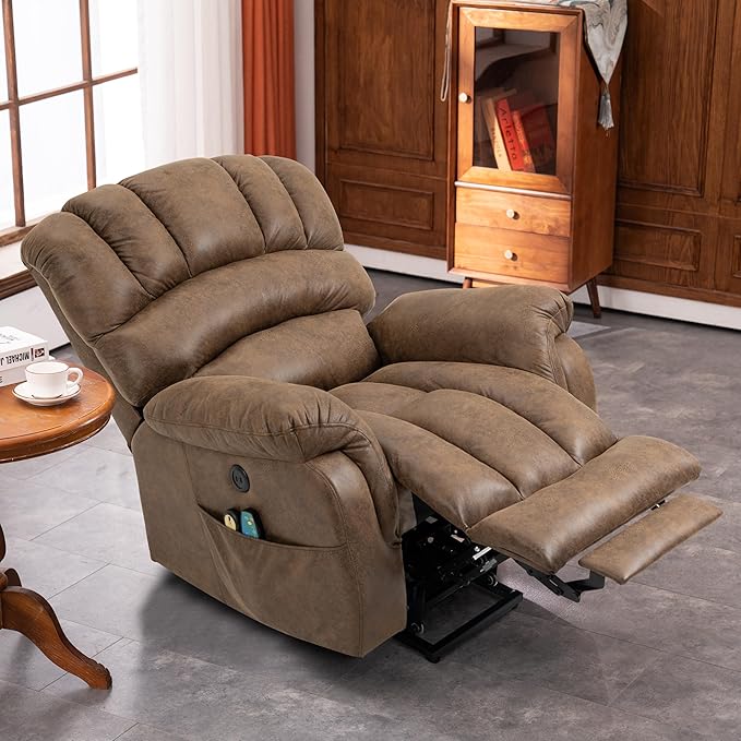 VIVIJASON Tall Man Large Power Lift Recliner Chair with Extended Footrest for Elderly, Overstuffed Wide Electric Lift Chair with Heat & Massage, 2 Remote Controls, Side Pockets & USB Ports, Brown