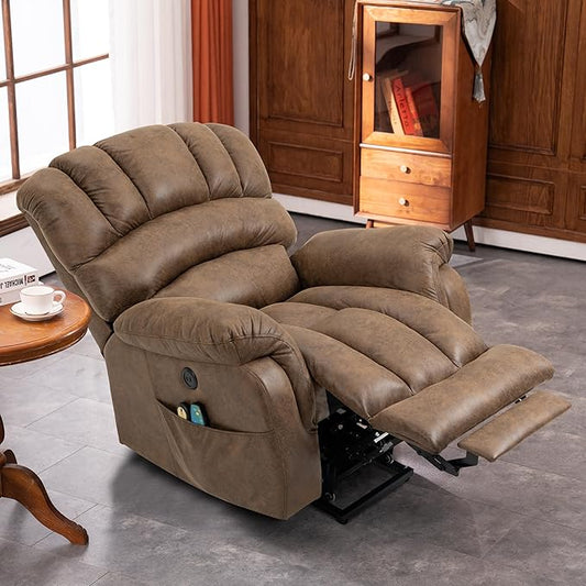 VIVIJASON Tall Man Large Power Lift Recliner Chair with Extended Footrest for Elderly, Overstuffed Wide Electric Lift Chair with Heat & Massage, 2 Remote Controls, Side Pockets & USB Ports, Brown