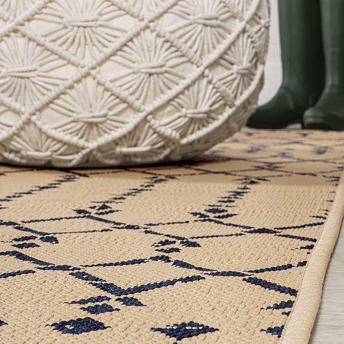 JONATHAN Y SMB108H-210 Ourika Moroccan Geometric Textured Weave Indoor Outdoor Runner Rug, Coastal,Traditional,Transitional Easy Clean,Bedroom,Kitchen,Backyard,Patio, Non-Shed, Beige/Navy, 2 X 10