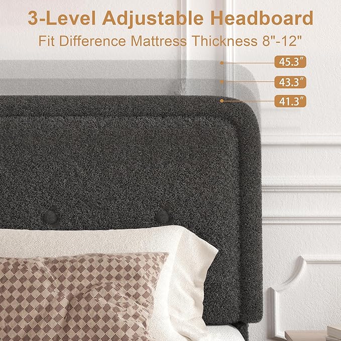 Queen Size Boucle Platform Bed Frame, Anti-Collision Soft Rounded Corners, Adjustable Headboard, No Box Spring Needed, Easy Assembly, Noise Free, Dark Grey