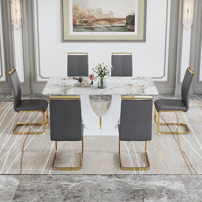 Dining Table Set for 6, Kitchen Table Chairs Set of 6, Modern Dining Room Set 71'' Faux Marble Dinner Table PU Leather Upholstered Chairs for Kitchen (Grey-Golden, 71” White Table Set)