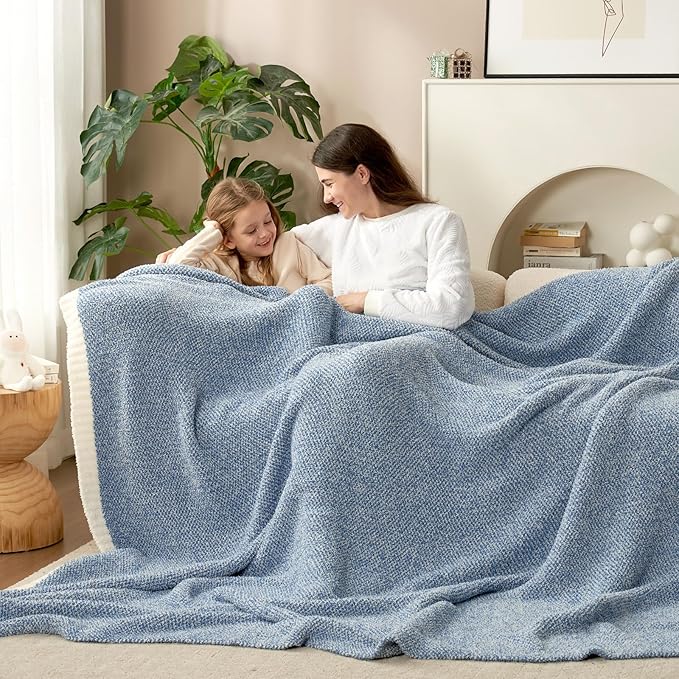 Snuggle Sac Blue Throw Blankets for Couch, Reversible Super Soft Warm Blankets Cozy Knit Blanket Fuzzy Plush Throws for Sofa, Bed, Gift, Heather Blue, 50 x 60 inches