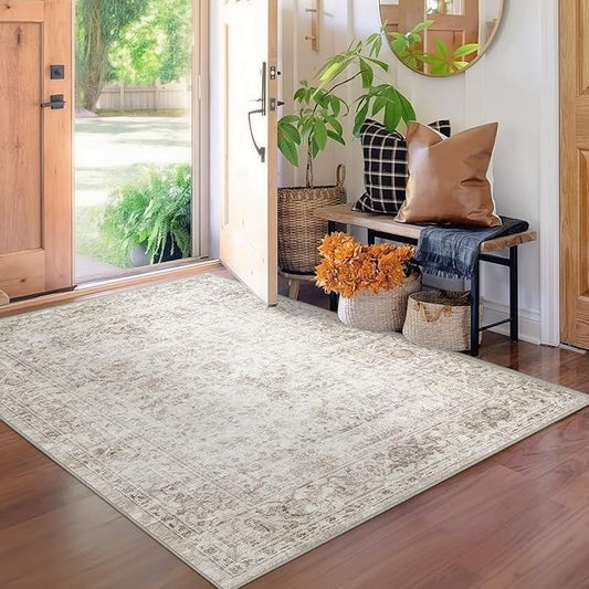 FMFUNCTEX 3x5 Washable Area Rug Beige Vintage Neutral Non Slip Low Pile Traditional Retro Indoor Carpet for Entryway Entrance Soft Floral Throw Rug Living Room Bedroom Kitchen Dining Office Laundry