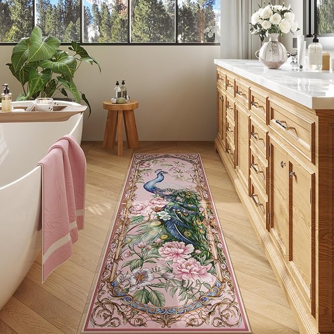 Runner Rug for Kitchen 2'6"x8' Washable Rugs with Rubber Backing Soft Floral Peacock Floral Animal Carpet Runner for Kitchen, Laundry, Bedroom, Bathroom (Pink)