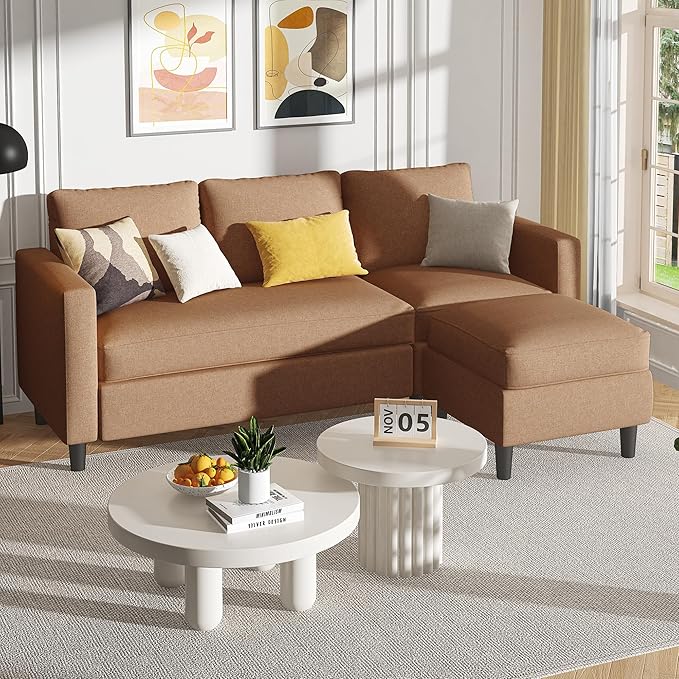 Shintenchi Small Sectional Couch Sofas, 3 Seat L Shape Sofa with Ottoman, Fabric Upholstered Convertible Sofa Couches, Small Couch for Apartments, Living Room and Office (Brown)