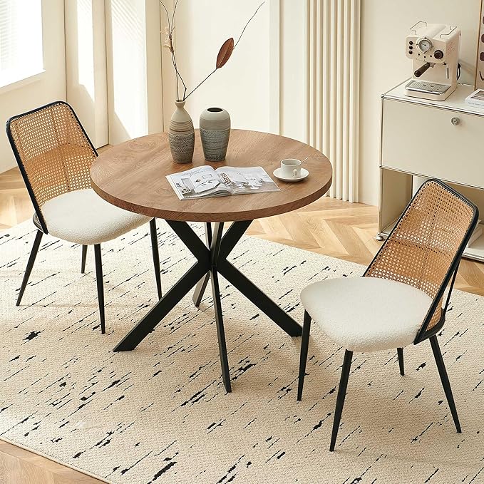 Dining Chairs Set of 2, Modern Mid Century Rattan Accent Chairs Curved Backrest Kitchen Side Chairs Woven Living Room Chairs Upholstered Boucle for Small Spaces, Apartment