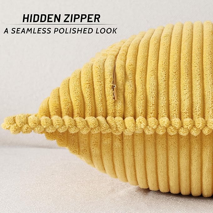 Mecatny Corduroy Throw Pillow Covers 24x24 Set of 2, Neutral Decorative Soft Boho Couch Pillow Covers with Broadside for Sofa Living Room, Mustard Yellow