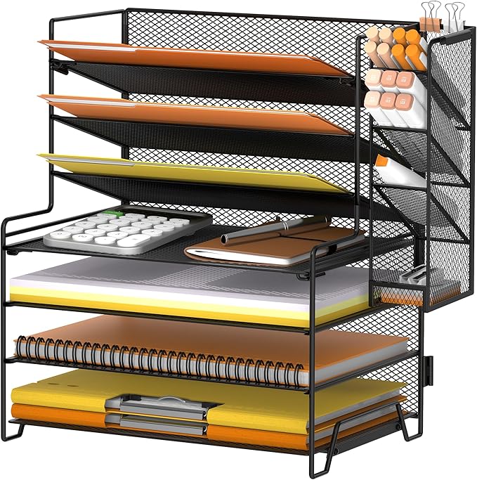 SUPEASY 4 Tier Paper Organizer + 3 Tier File Holder + 4 Pen Holders, 7 Tier Desktop File Organizers, Desk Organizers and Accessories for Office Home School, Black